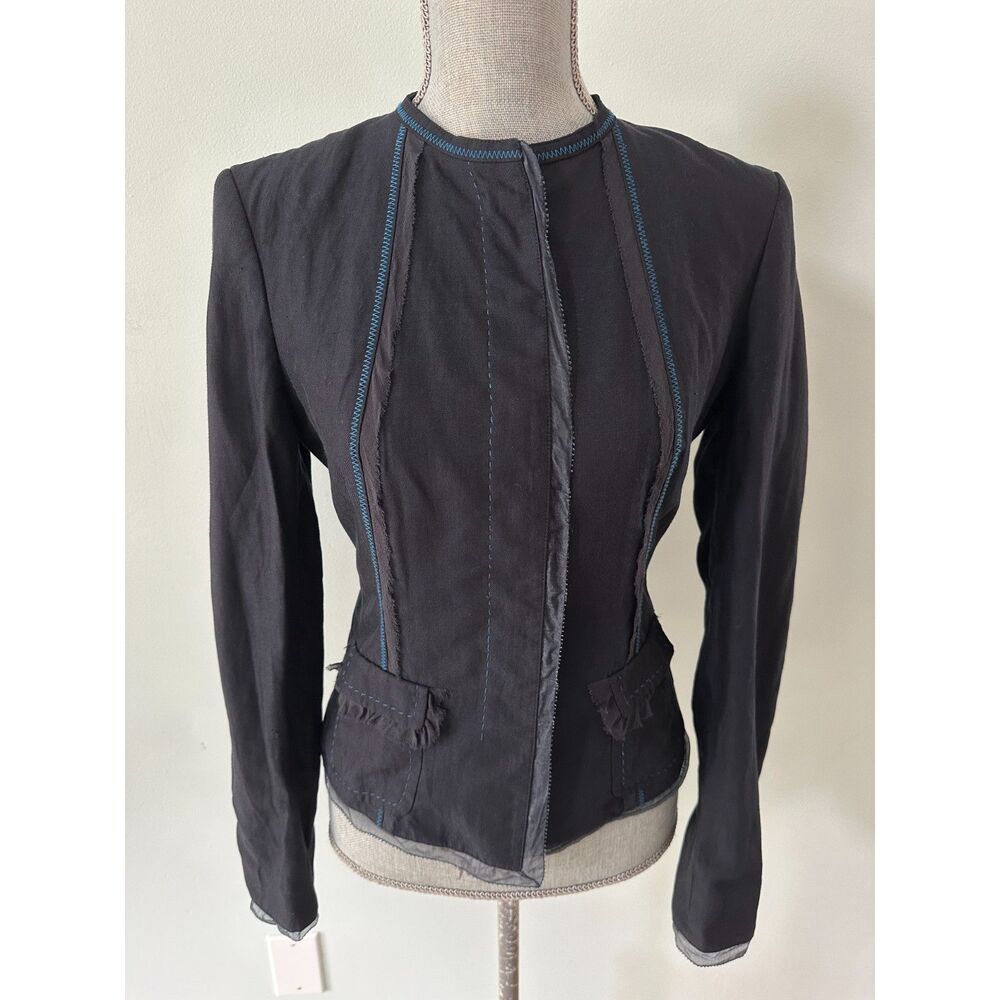 DKNY Navy Blue Structured Blazer Jacket Distressed Blue Contrast Stitching Small